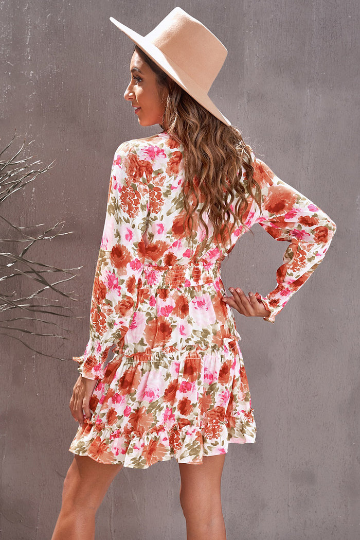 Women's Multicolor Floral V Neck Long Sleeve Tie Waist Mini Dress