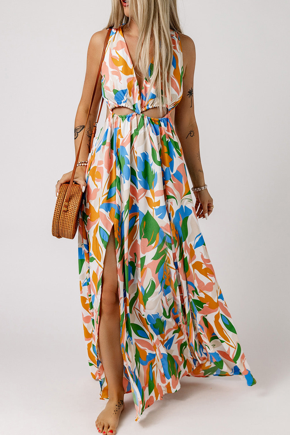 Women's Leaf Deep V-Neck Sleeveless Print Cut-out High Slit Maxi Dress