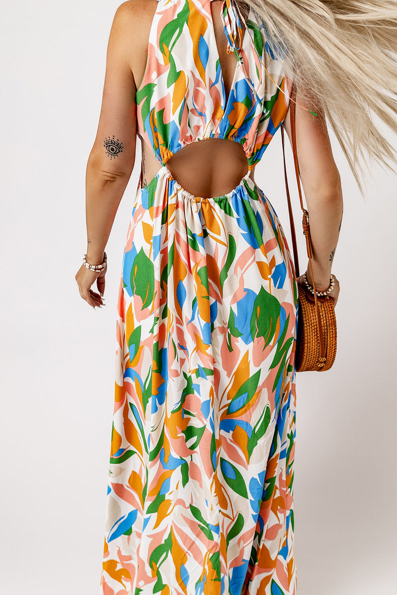 Women's Leaf Deep V-Neck Sleeveless Print Cut-out High Slit Maxi Dress