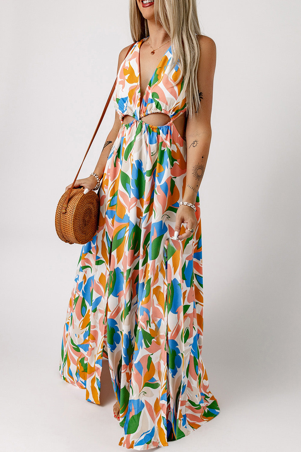 Women's Leaf Deep V-Neck Sleeveless Print Cut-out High Slit Maxi Dress