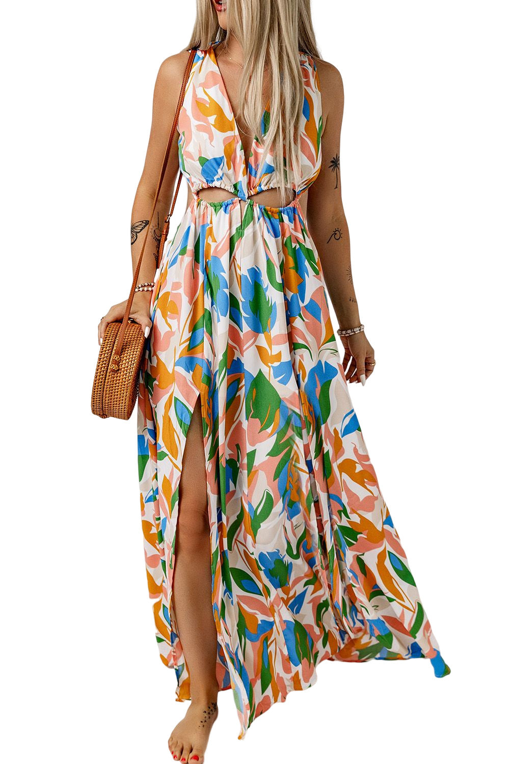 Women's Leaf Deep V-Neck Sleeveless Print Cut-out High Slit Maxi Dress