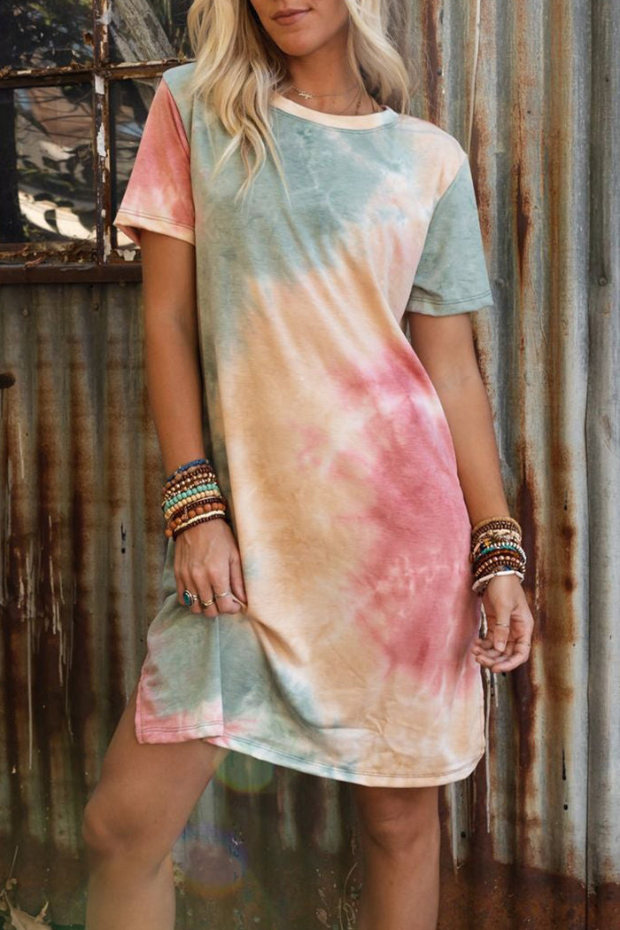 Women's Tie Dye Oversized Slit Tee Dress Cute Print Oversized