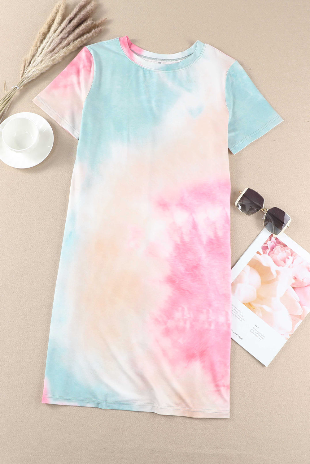 Women's Tie Dye Oversized Slit Tee Dress Cute Print Oversized