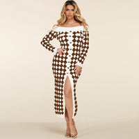 Women's Off-Shoulder Long-Sleeve Hem Slit Plush Knit Check Dress