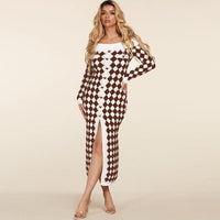 Women's Off-Shoulder Long-Sleeve Hem Slit Plush Knit Check Dress