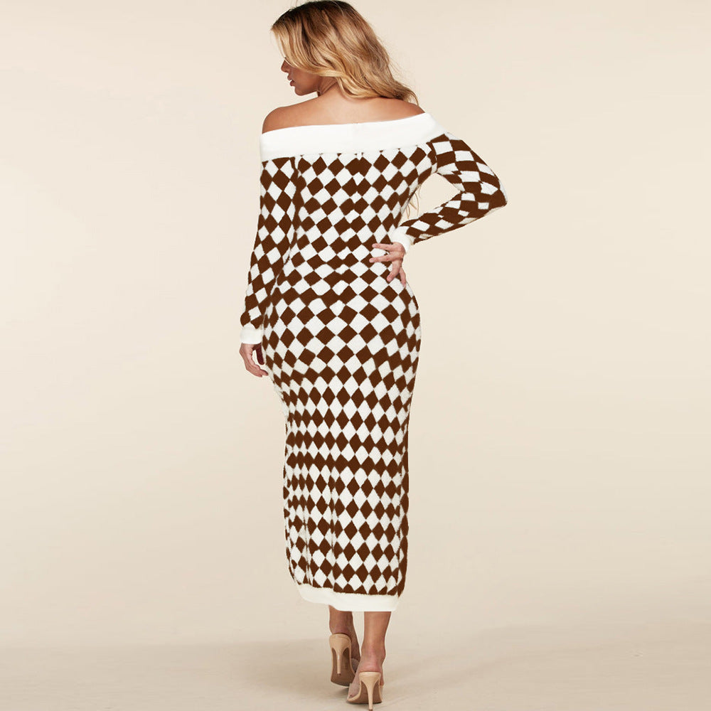 Women's Off-Shoulder Long-Sleeve Hem Slit Plush Knit Check Dress