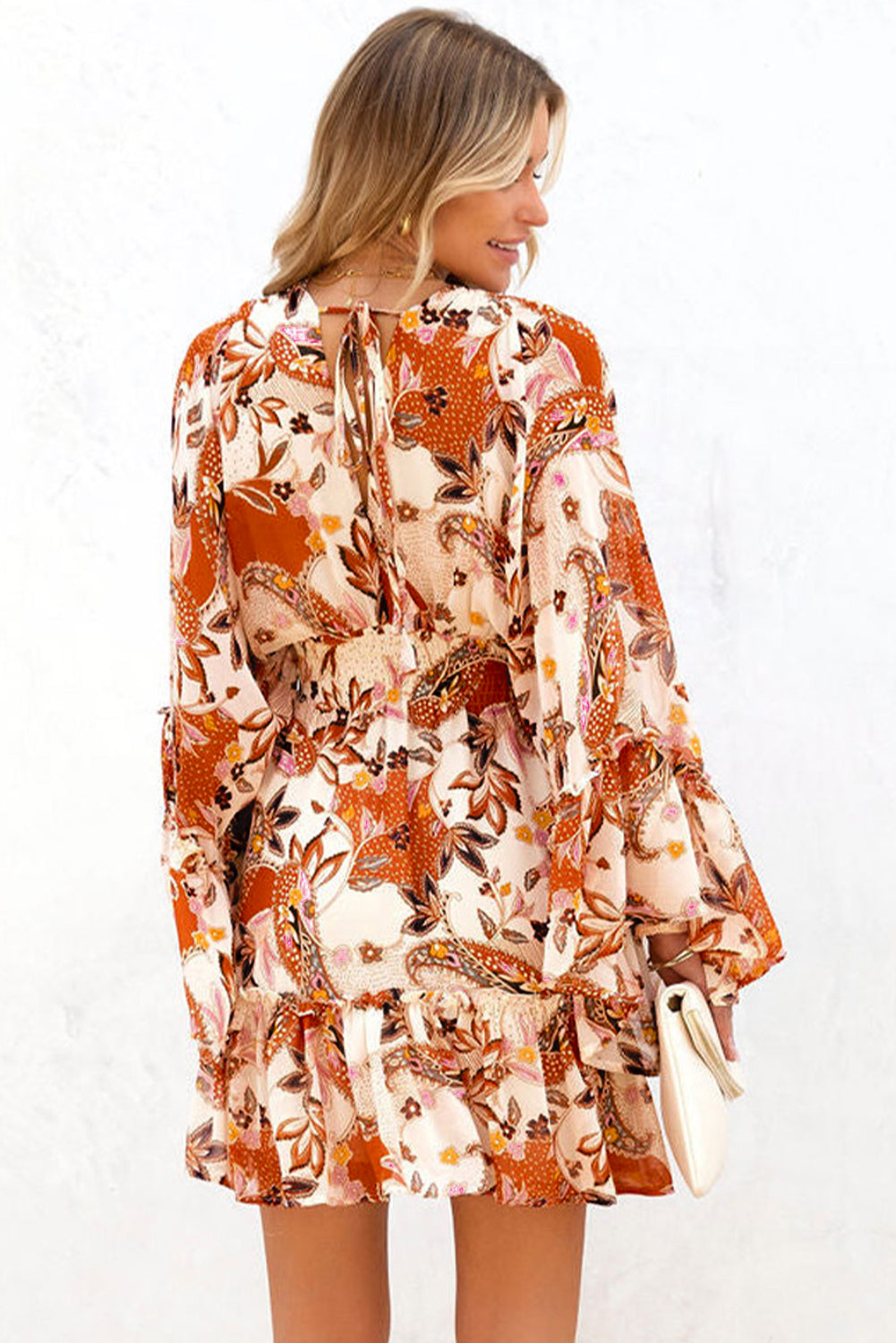 Women's Orange High Waist Bell Sleeve Ruffled Floral Mini Dress