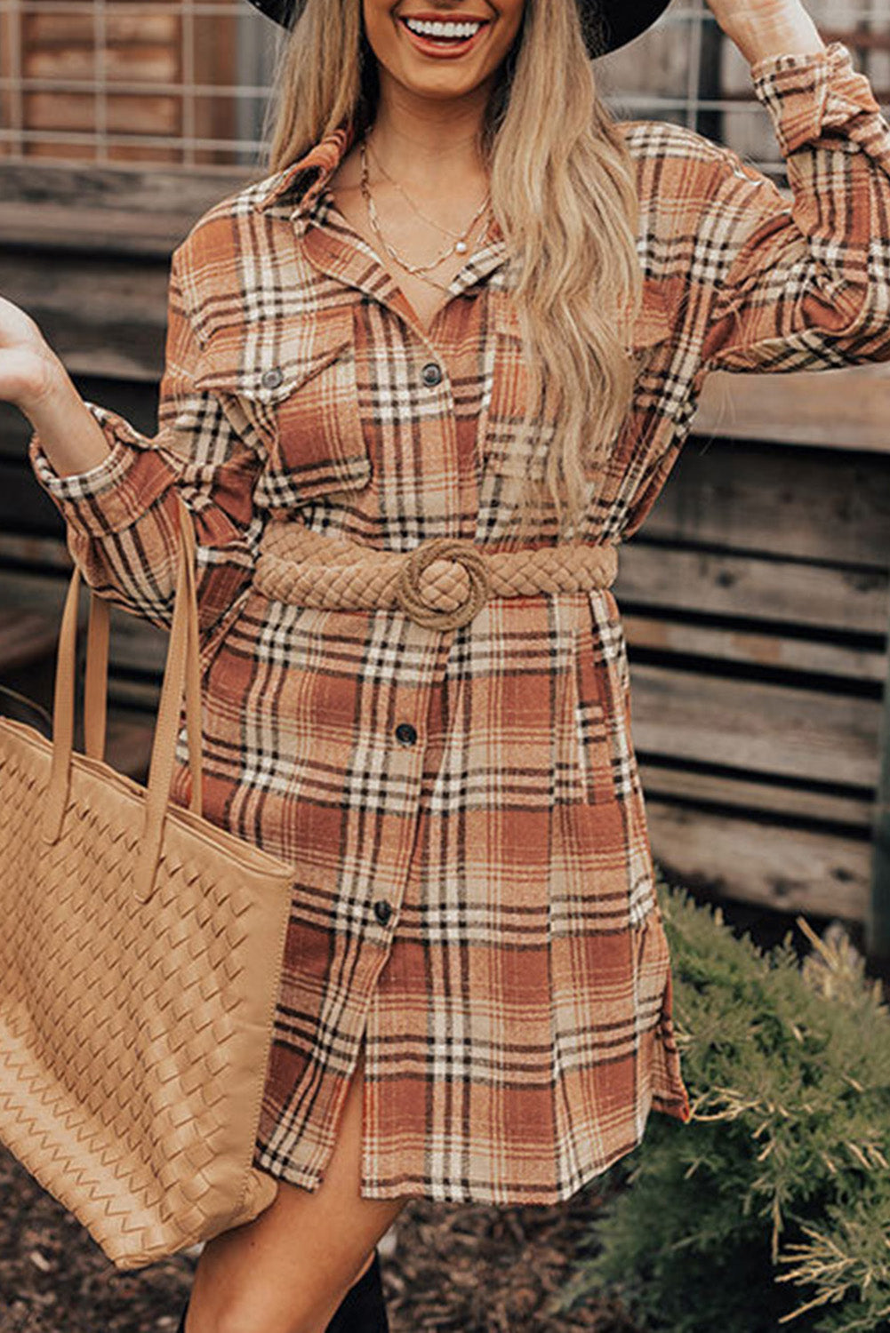 Women's Orange Plaid Button up Side Slit Shirt Dress