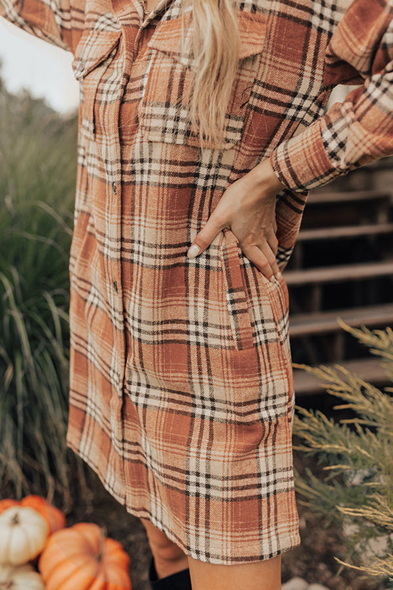 Women's Orange Plaid Button up Side Slit Shirt Dress