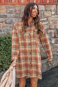 Women's Orange Plaid Button up Side Slit Shirt Dress