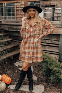 Women's Orange Plaid Button up Side Slit Shirt Dress