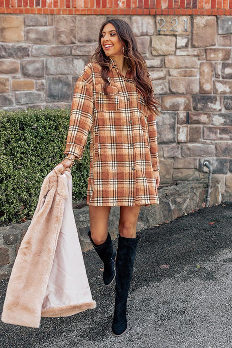 Women's Orange Plaid Button up Side Slit Shirt Dress