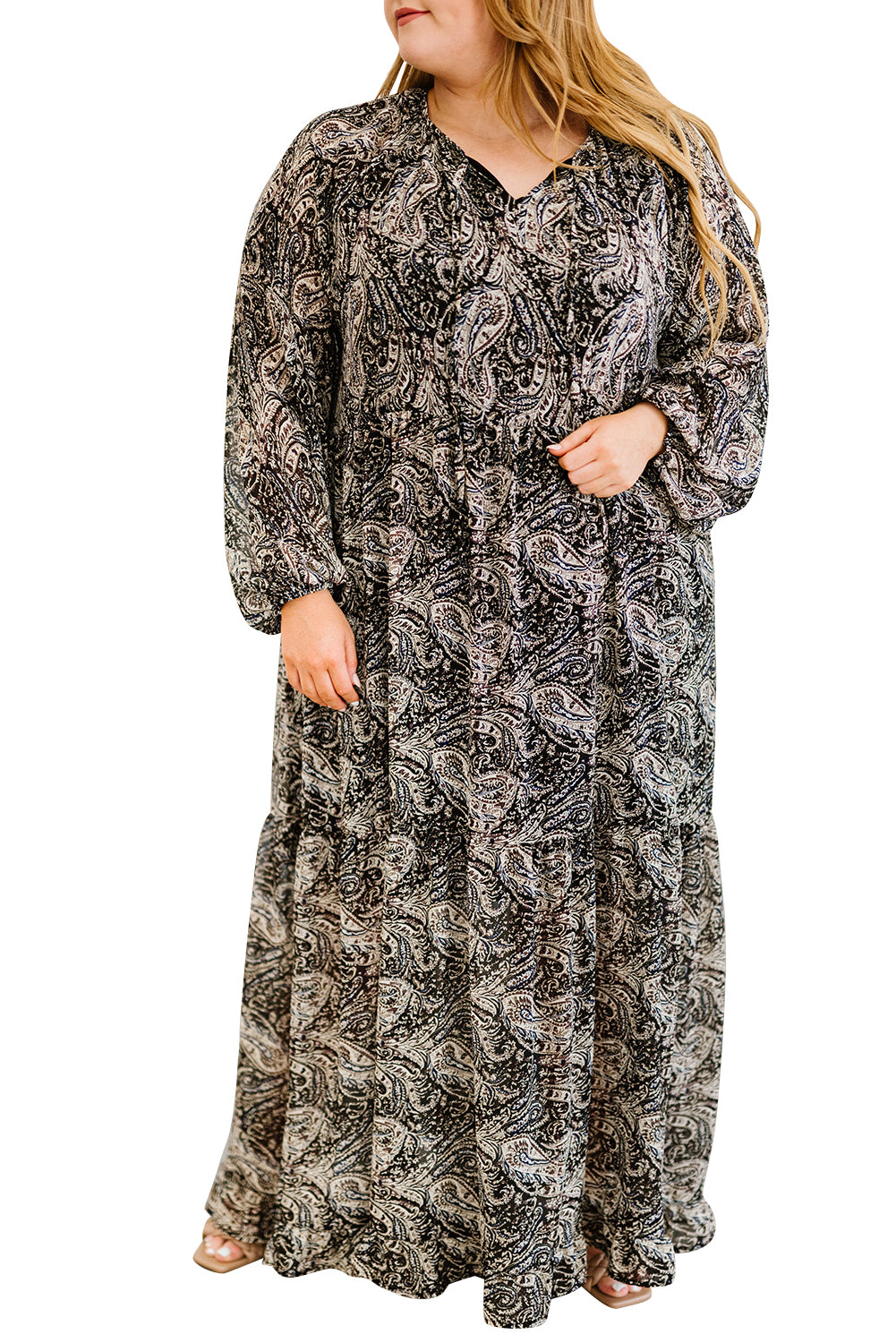 Women's Paisley Print Ruffled Drawstring Black Plus size Maxi Dress