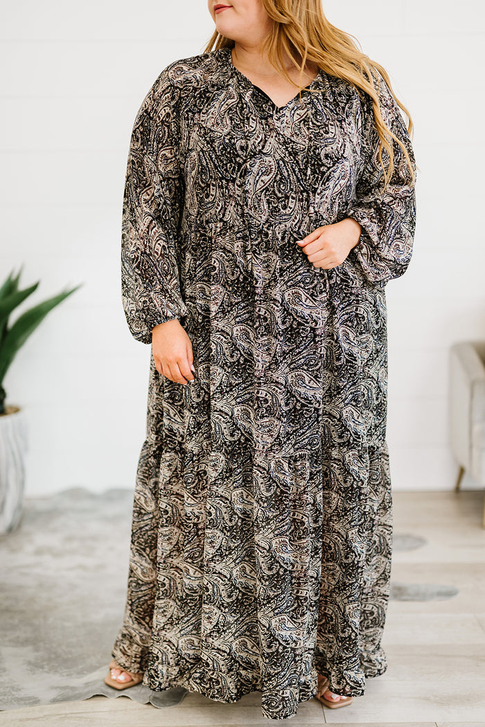 Women's Paisley Print Ruffled Drawstring Black Plus size Maxi Dress