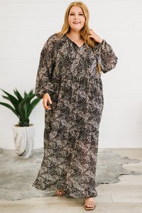 Women's Paisley Print Ruffled Drawstring Black Plus size Maxi Dress