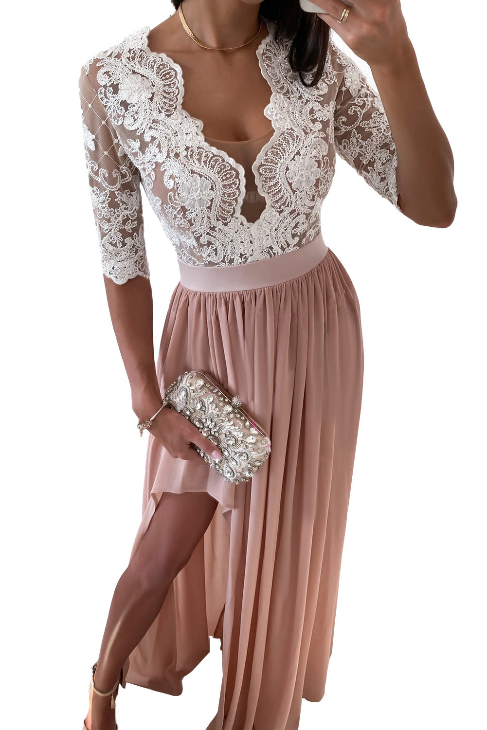 Women's Pink Lace Crochet Patchwork Maxi Dress with Side Split