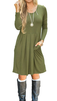 Women's Pleated Loose Swing Casual Long Sleeve Dress with Pockets