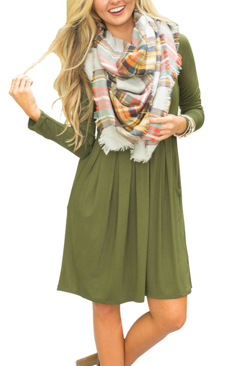 Women's Pleated Loose Swing Casual Long Sleeve Dress with Pockets