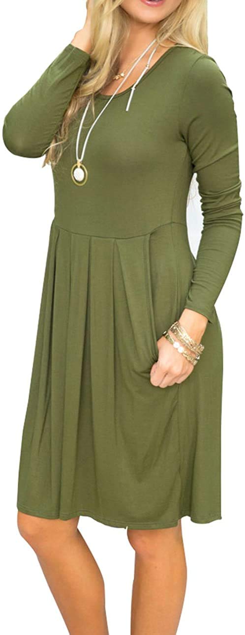 Women's Pleated Loose Swing Casual Long Sleeve Dress with Pockets