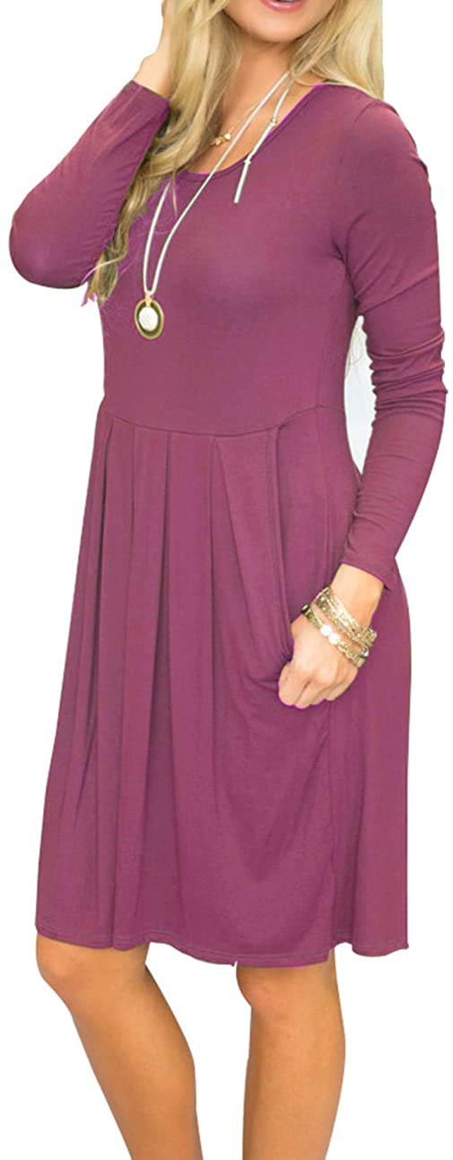 Women's Pleated Loose Swing Casual Long Sleeve Dress with Pockets