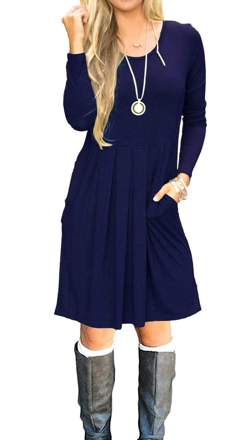 Women's Pleated Loose Swing Casual Long Sleeve Dress with Pockets