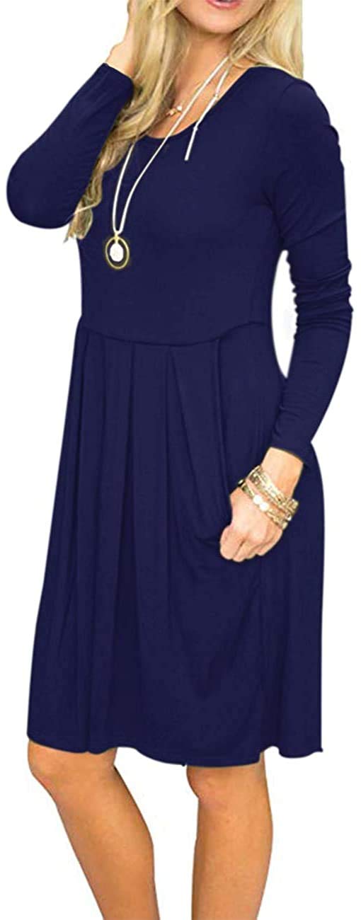 Women's Pleated Loose Swing Casual Long Sleeve Dress with Pockets