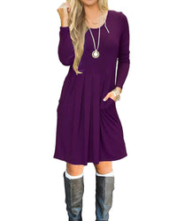 Women's Pleated Loose Swing Casual Long Sleeve Dress with Pockets