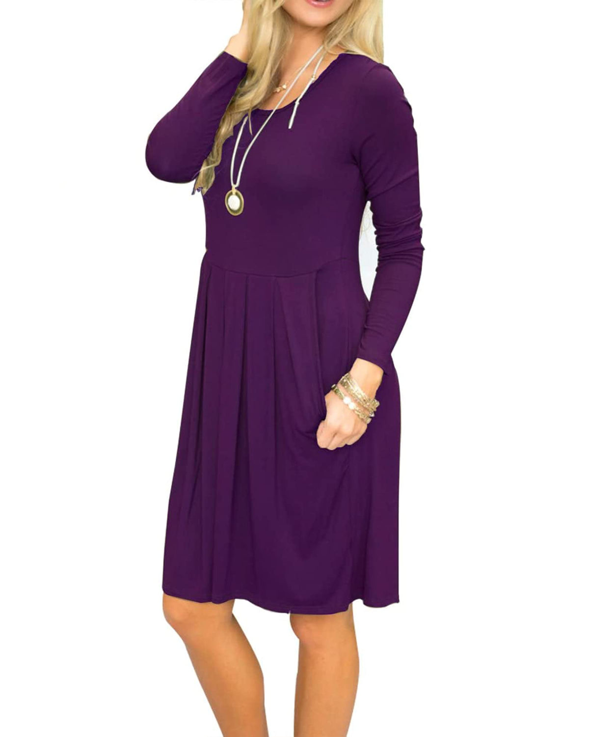 Women's Pleated Loose Swing Casual Long Sleeve Dress with Pockets