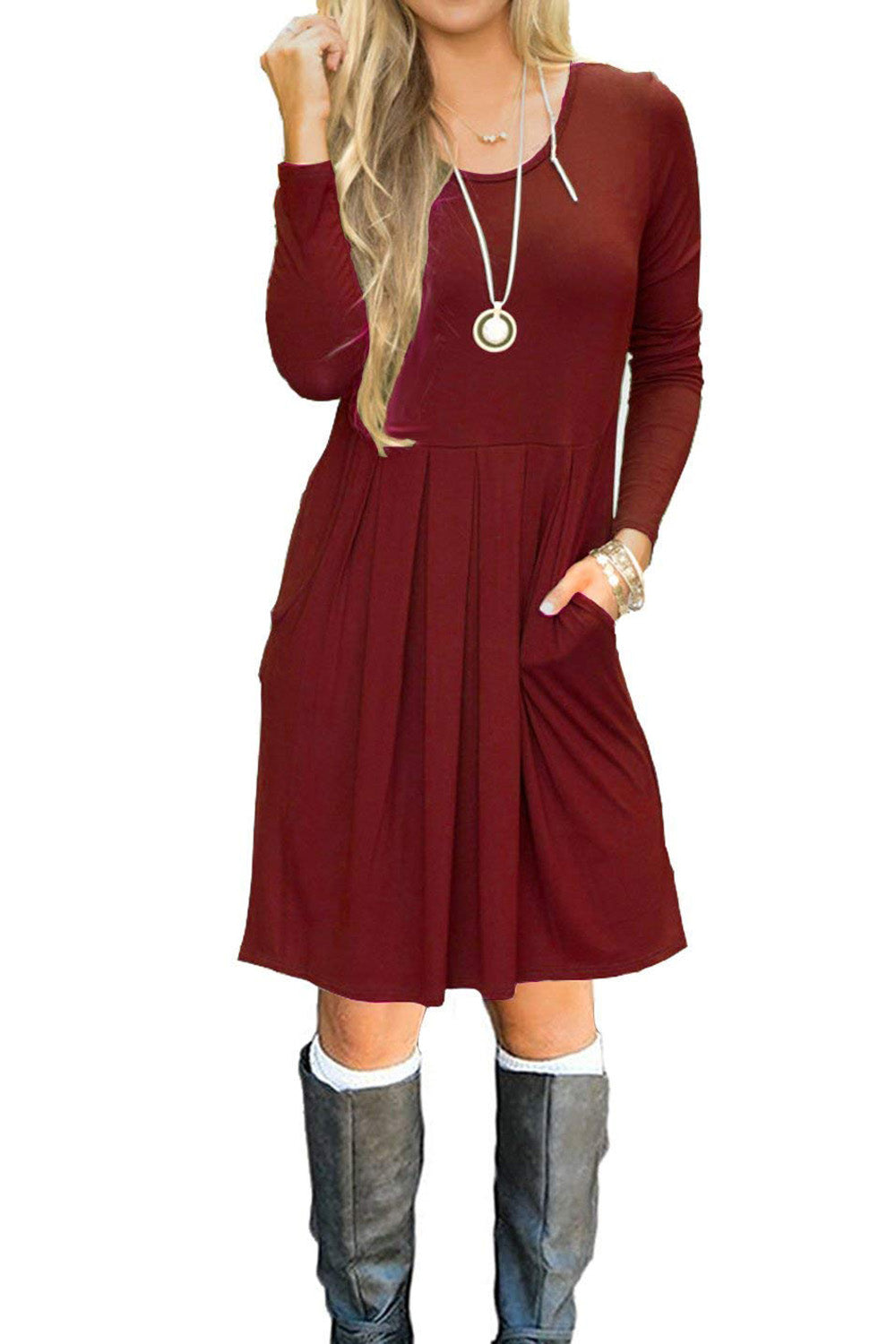 Women's Pleated Loose Swing Casual Long Sleeve Dress with Pockets