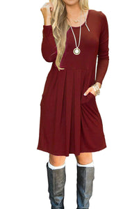 Women's Pleated Loose Swing Casual Long Sleeve Dress with Pockets