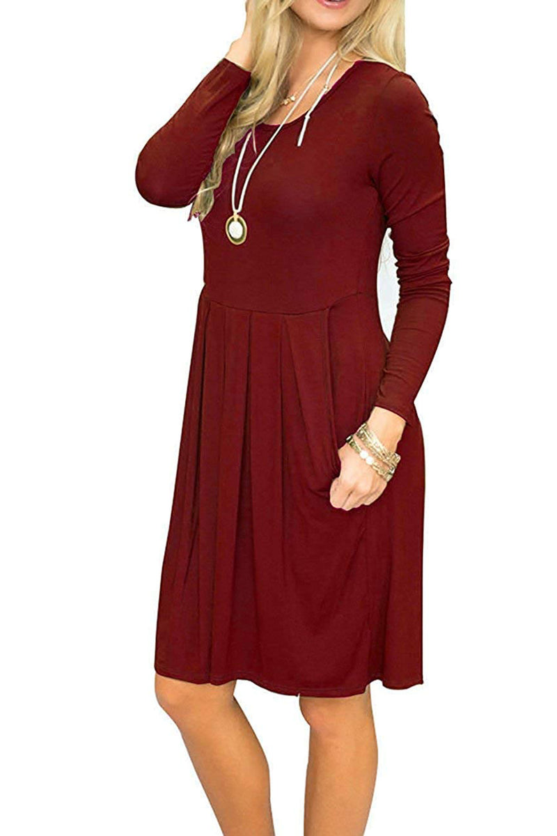 Women's Pleated Loose Swing Casual Long Sleeve Dress with Pockets