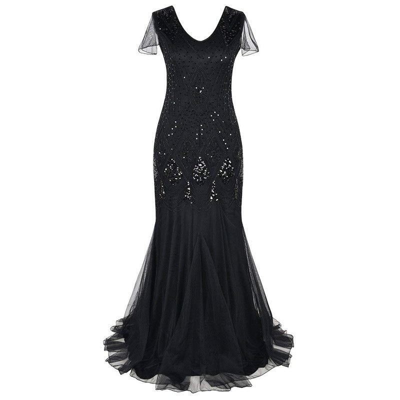 Women's Plus Size Sequin Retro Banquet Wedding Lace Dress