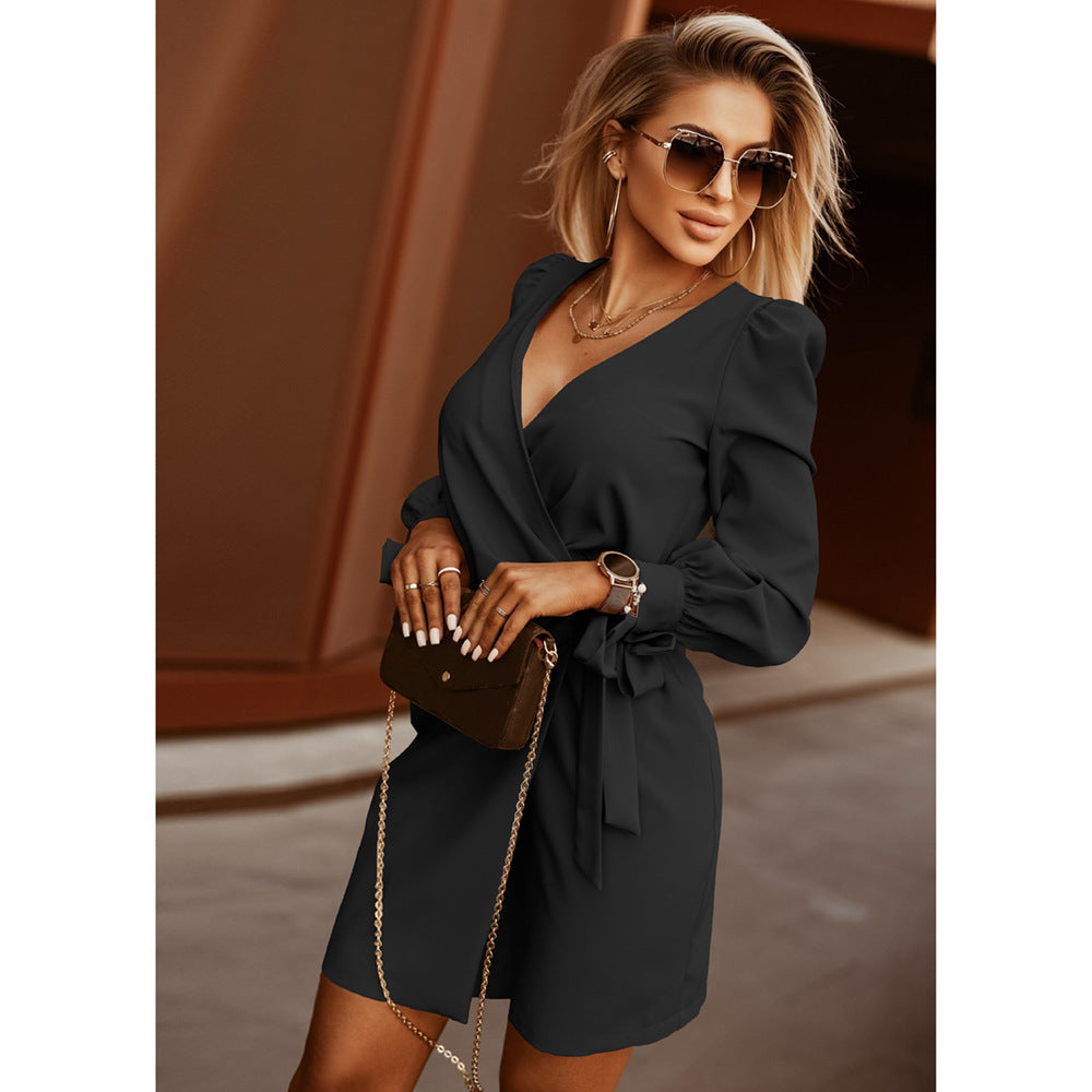 Women's Puff Long Sleeve V-Neck Tie Fashion Casual Pleated Mid Dress