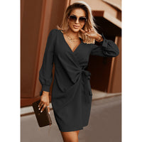 Women's Puff Long Sleeve V-Neck Tie Fashion Casual Pleated Mid Dress