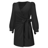 Women's Puff Long Sleeve V-Neck Tie Fashion Casual Pleated Mid Dress