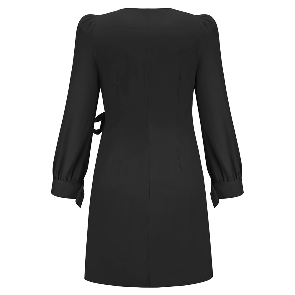 Women's Puff Long Sleeve V-Neck Tie Fashion Casual Pleated Mid Dress