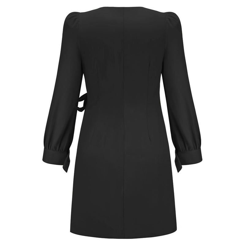 Women's Puff Long Sleeve V-Neck Tie Fashion Casual Pleated Mid Dress