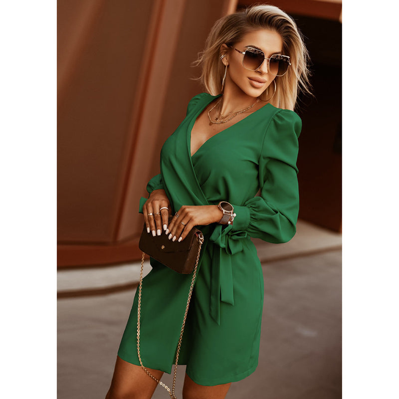 Women's Puff Long Sleeve V-Neck Tie Fashion Casual Pleated Mid Dress