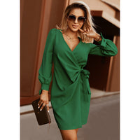 Women's Puff Long Sleeve V-Neck Tie Fashion Casual Pleated Mid Dress