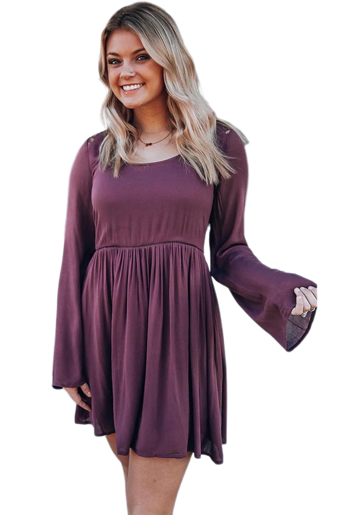 Women's Purple Buttoned Sheer Lace Back Wide Long Sleeve Dress