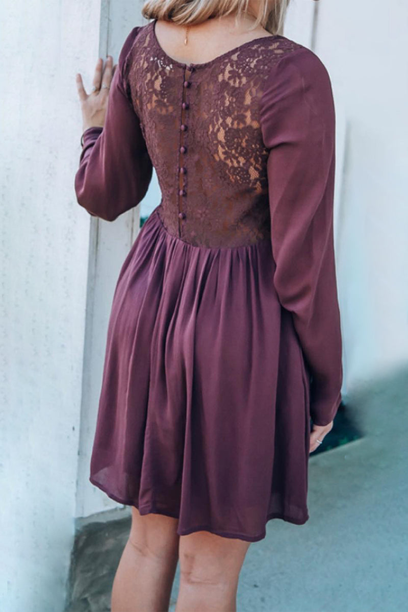 Women's Purple Buttoned Sheer Lace Back Wide Long Sleeve Dress