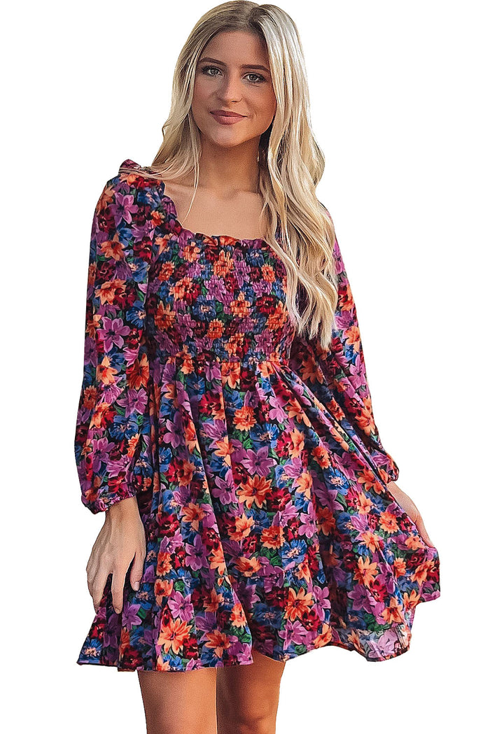 Women's Purple Floral Puff Long Sleeve Smocked Dress