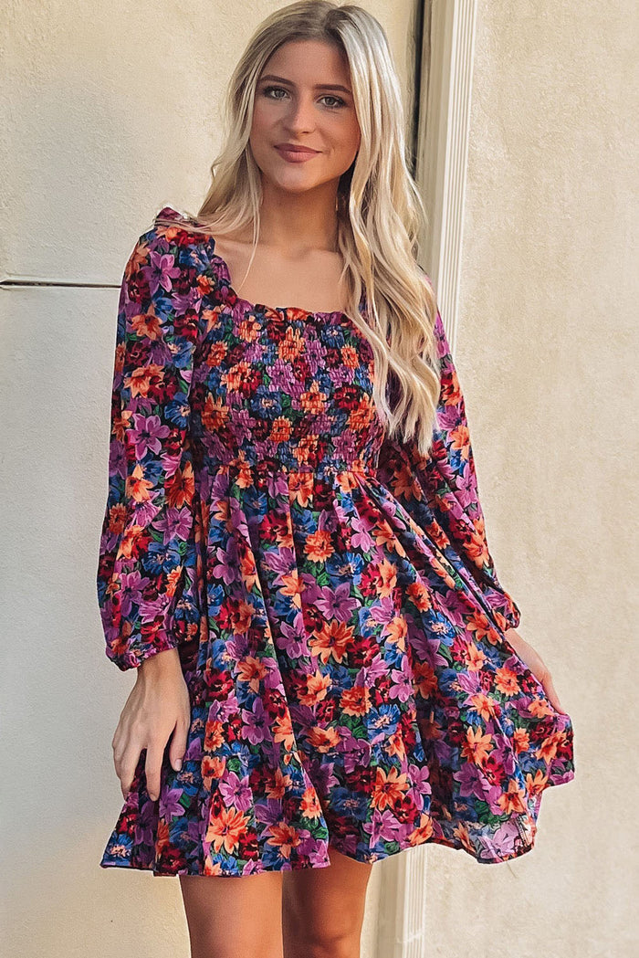 Women's Purple Floral Puff Long Sleeve Smocked Dress