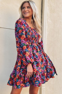 Women's Purple Floral Puff Long Sleeve Smocked Dress