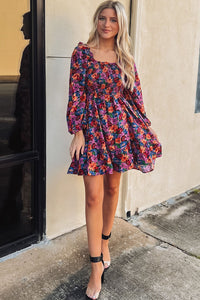 Women's Purple Floral Puff Long Sleeve Smocked Dress