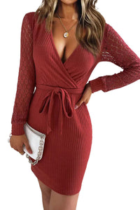 Women's Red Lace Splicing Lace-up Wrap V Neck Mini Dress