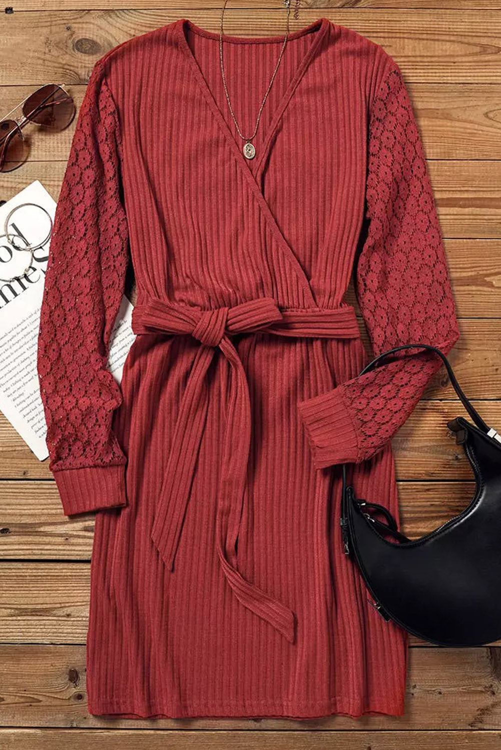 Women's Red Lace Splicing Lace-up Wrap V Neck Mini Dress