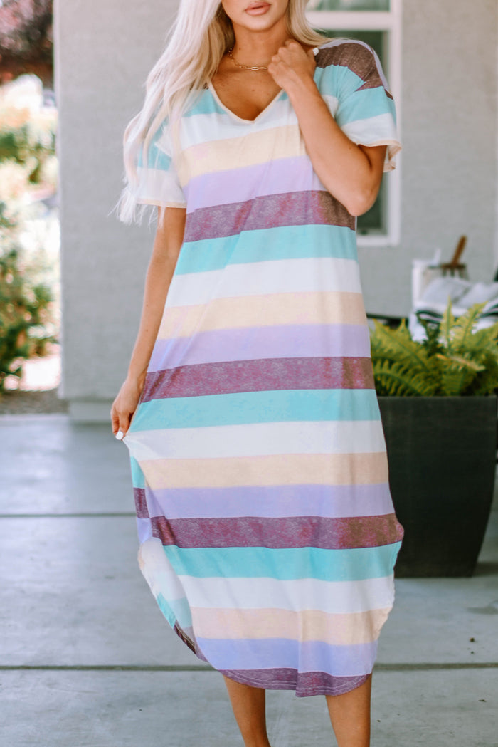 Women's Relaxed Fit Style Striped V Neck T Shirt Midi Dress