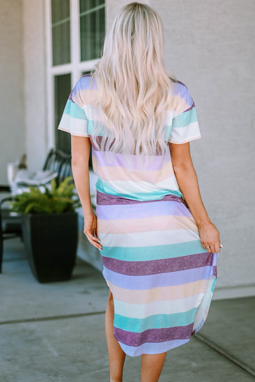 Women's Relaxed Fit Style Striped V Neck T Shirt Midi Dress