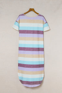 Women's Relaxed Fit Style Striped V Neck T Shirt Midi Dress